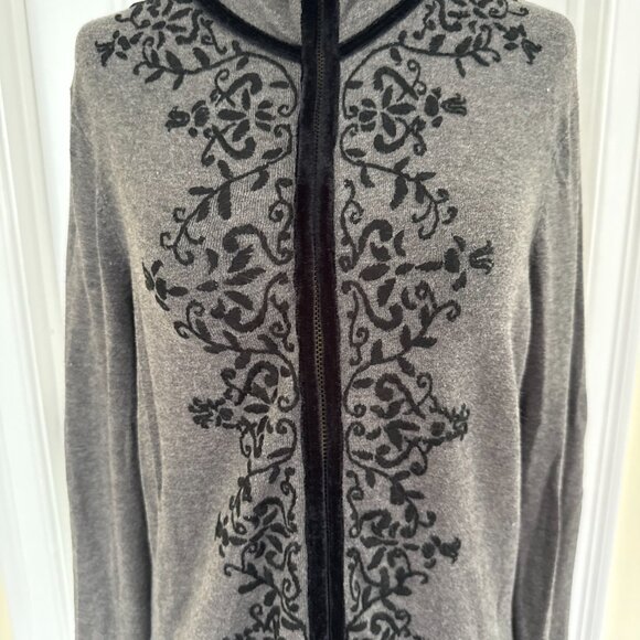 CAbi Long Sleeve Gray Cardigan With Black Velvet Scroll Trim - Picture 5 of 8